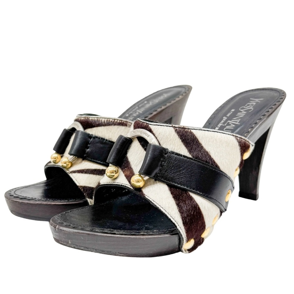YSL Zebra Pony Hair Sandal Heels Stud Horse Shoe Mixed Metal Details